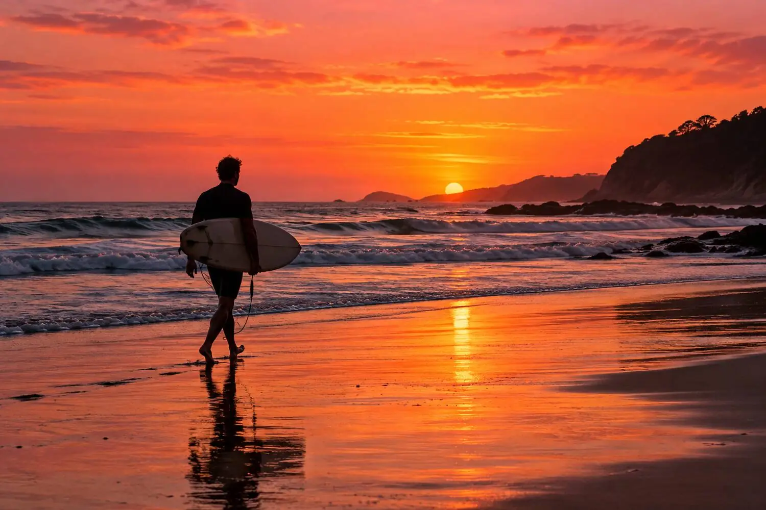 A lone surfer walking the shoreline at dusk