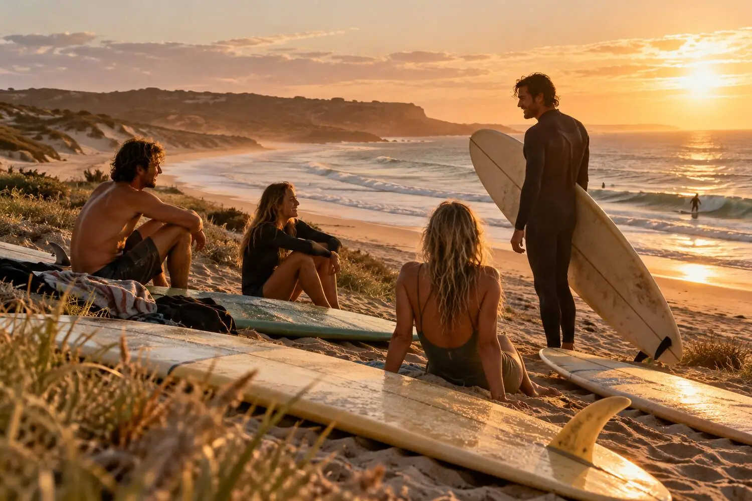 A vintage-feeling scene of surfers and longboards on an Australian beach at golden hour