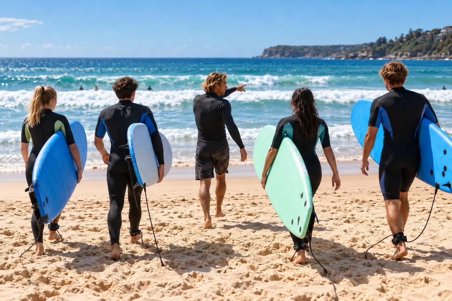 A surf instructor guiding a group of beginners into the whitewater on an Australian beach