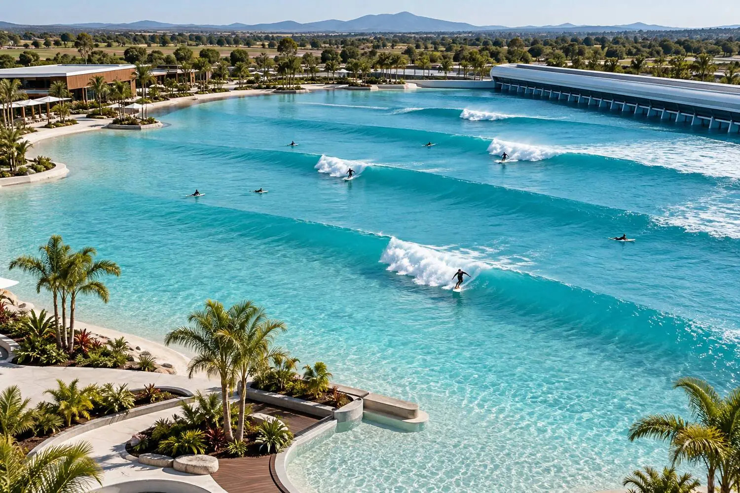 Aerial view of the URBNSURF wave lagoon with clean machine-made waves