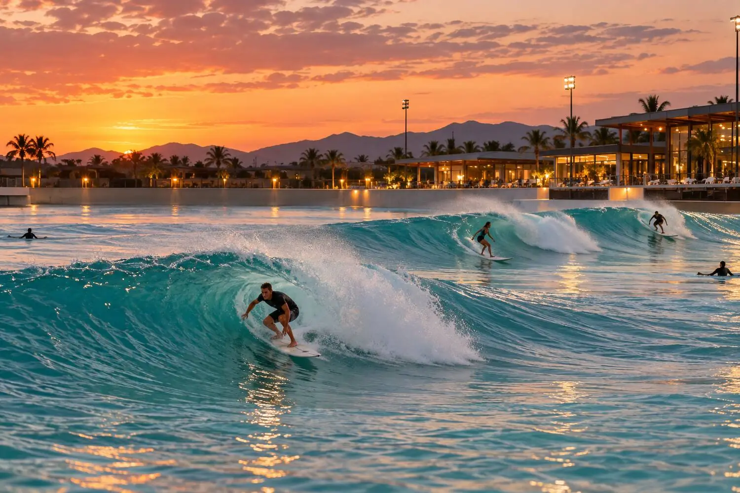 Surfers riding machine-made waves in the URBNSURF lagoon at dusk