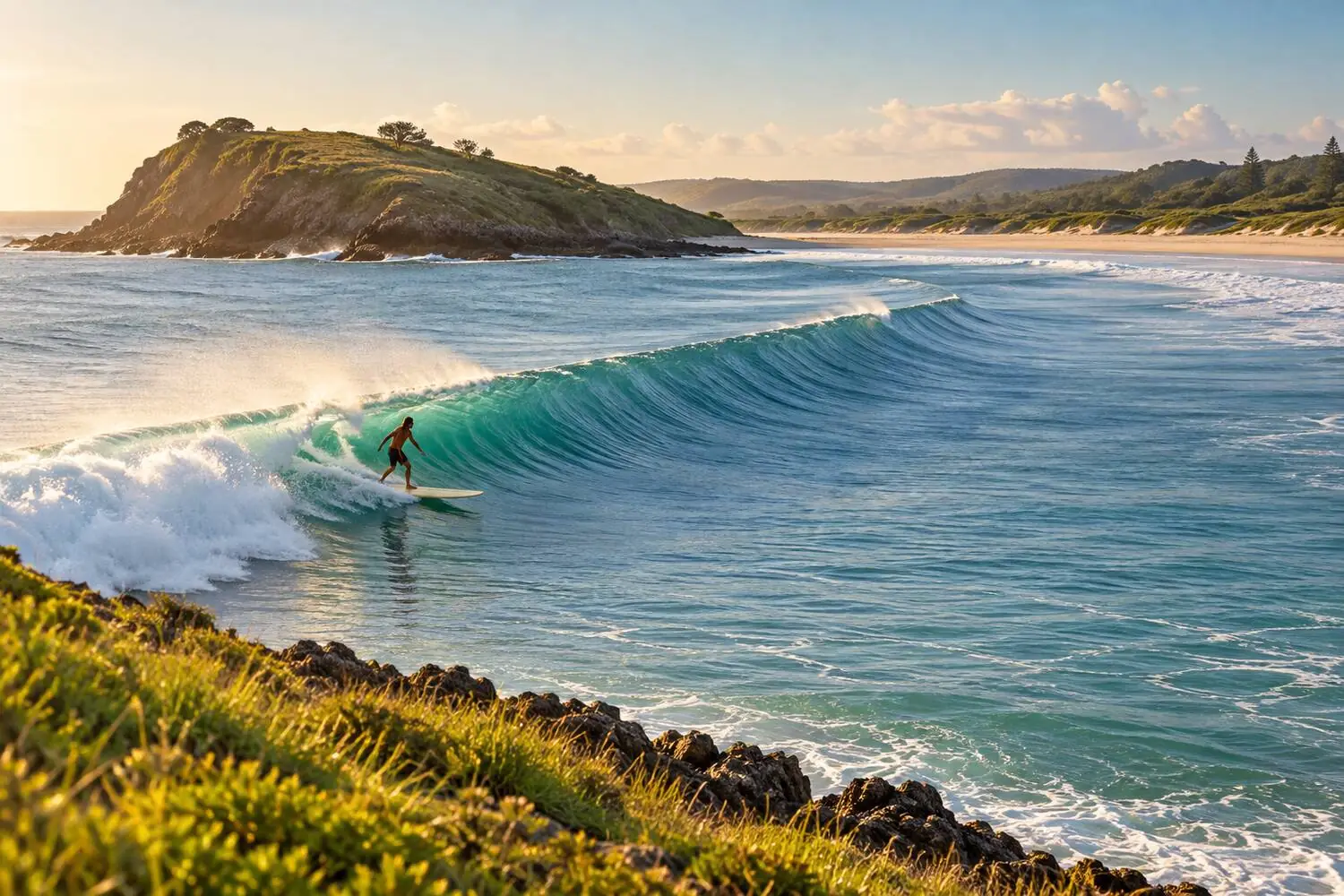 A long, mellow point wave peeling along a quiet headland on the Australian coast