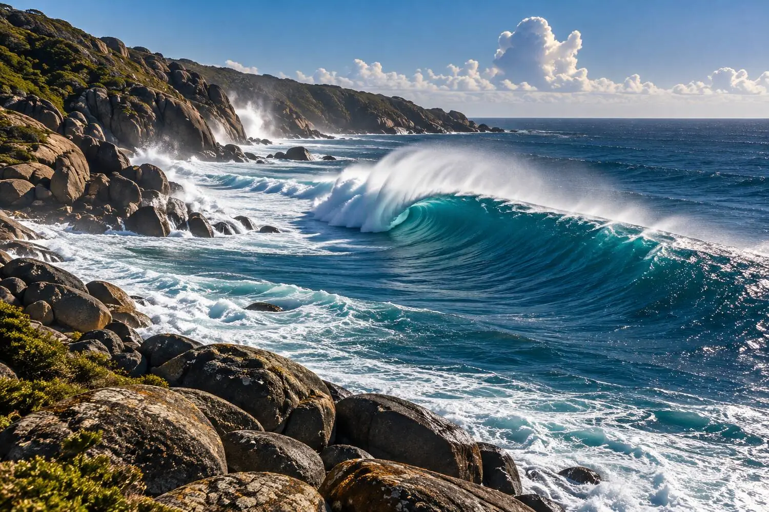 A clean right-hand point wave peeling along a rocky Australian headland at golden hour