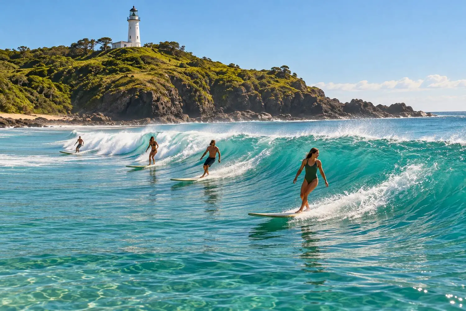 Longboarders on the long right point at The Pass, Byron Bay, below the lighthouse