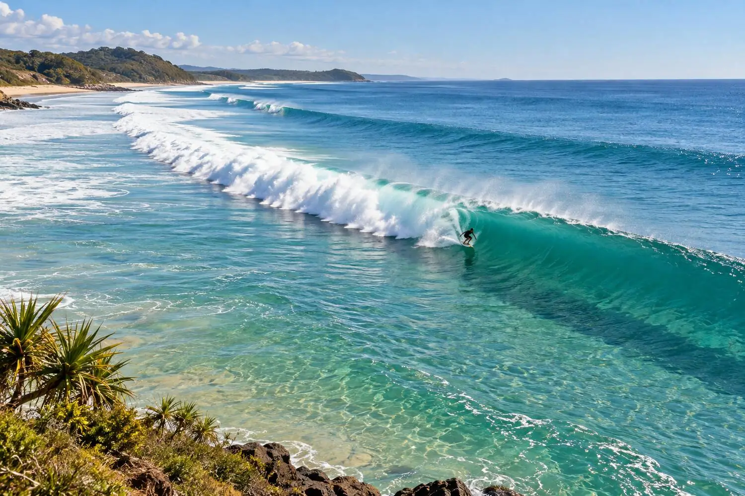 A long sand-bottom point wave reeling along the Superbank at Snapper Rocks