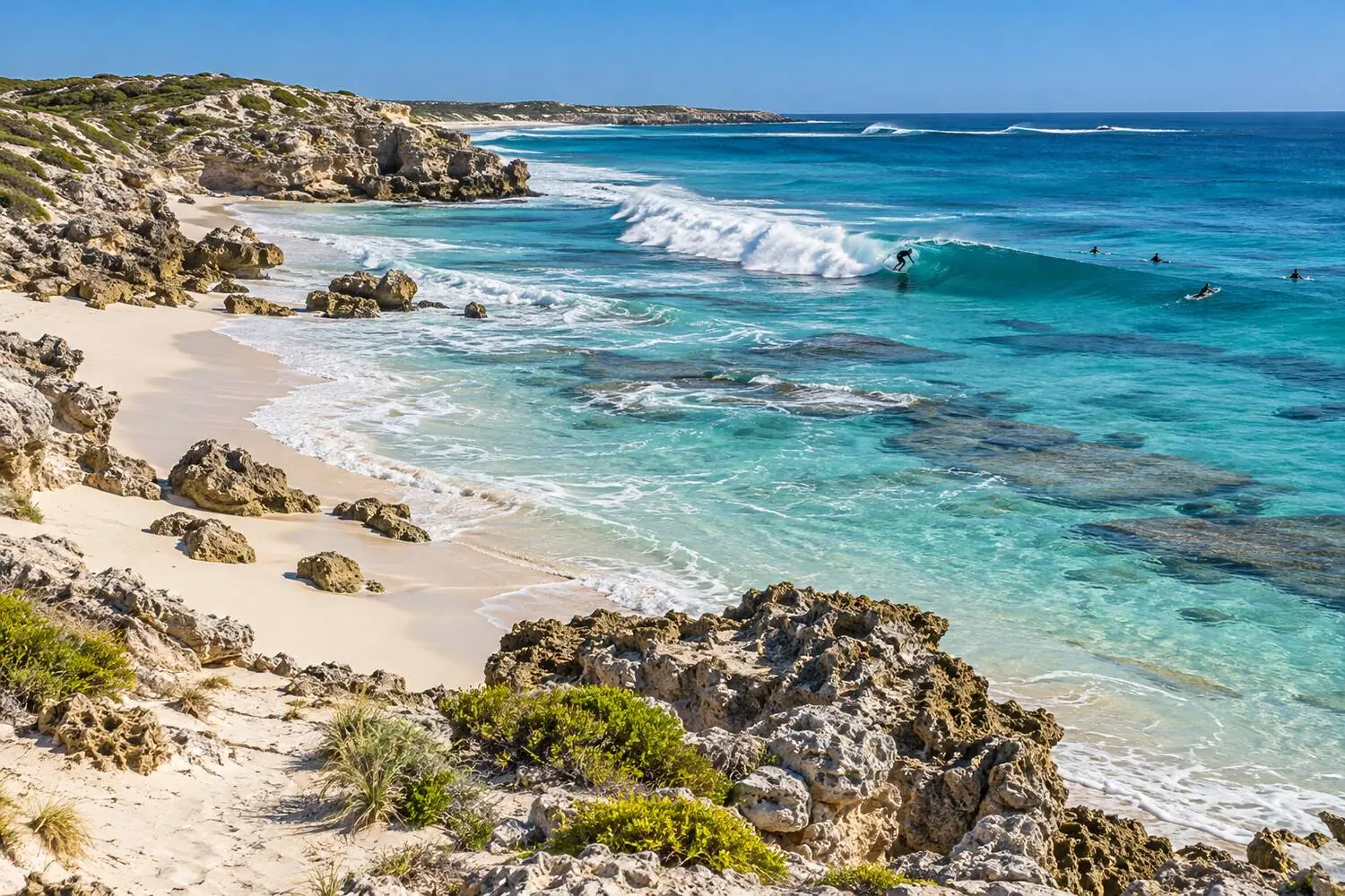 A beach and reef break at Trigg Beach near Perth, Western Australia